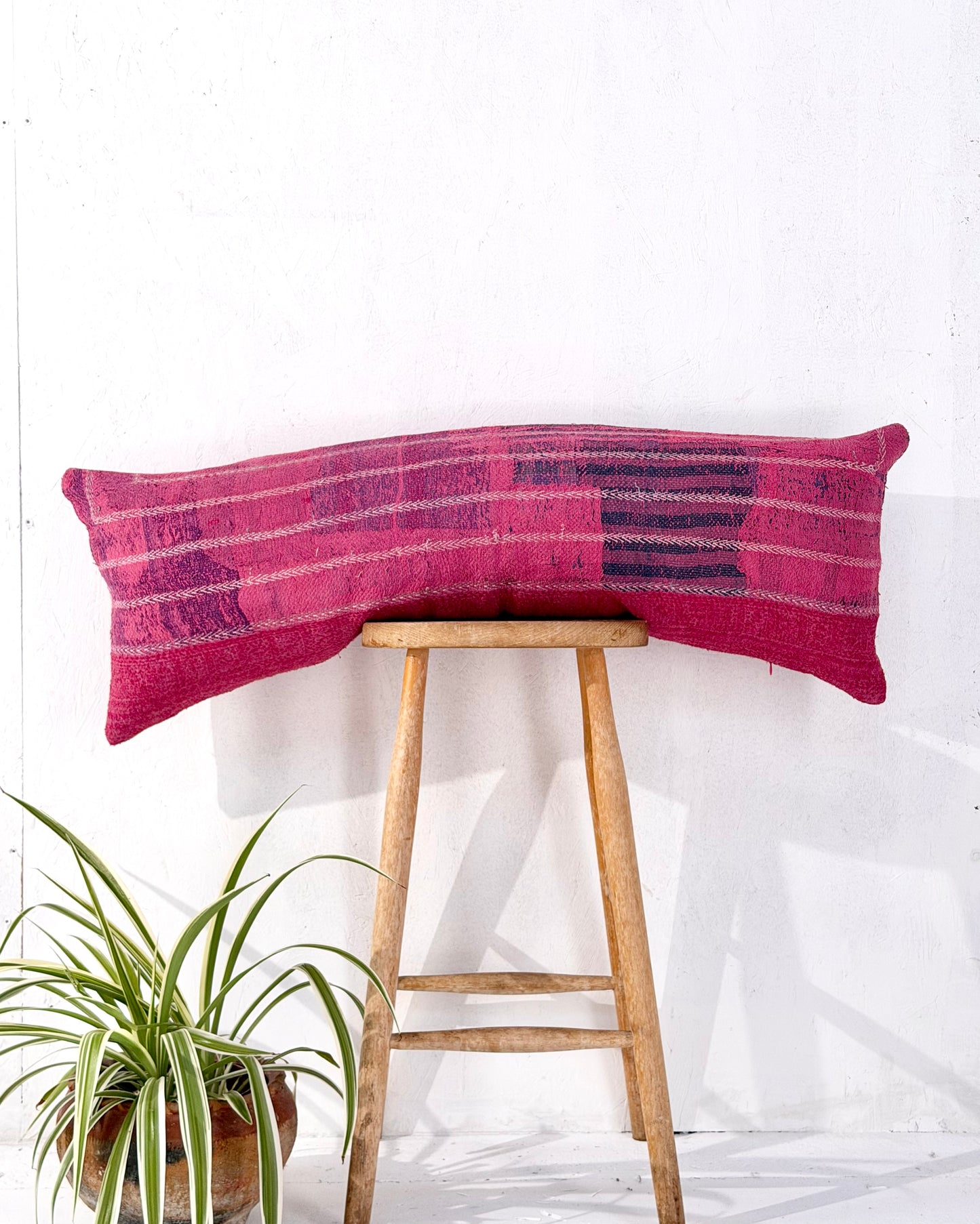 Vintage Kantha Bolster Cushion Cover In Pink With Embroidered Stripes - 100cm