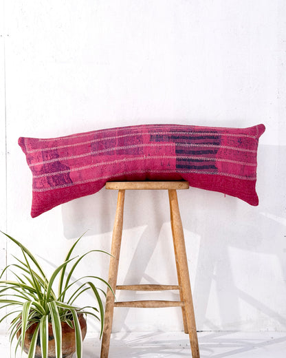 Vintage Kantha Bolster Cushion Cover In Pink With Embroidered Stripes - 100cm