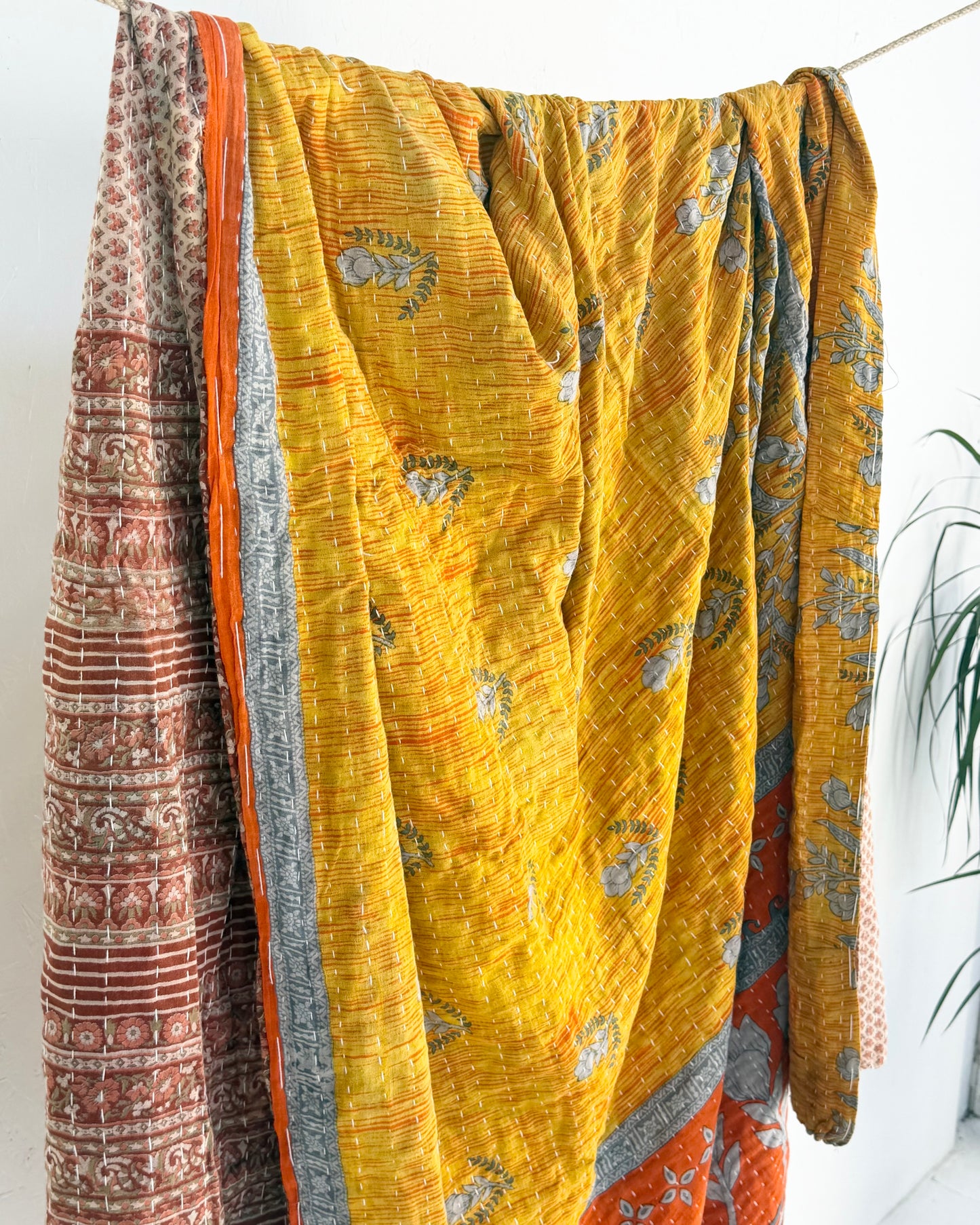 Vintage Cotton Kantha Quilt In Orange, Yellow and Brown #51