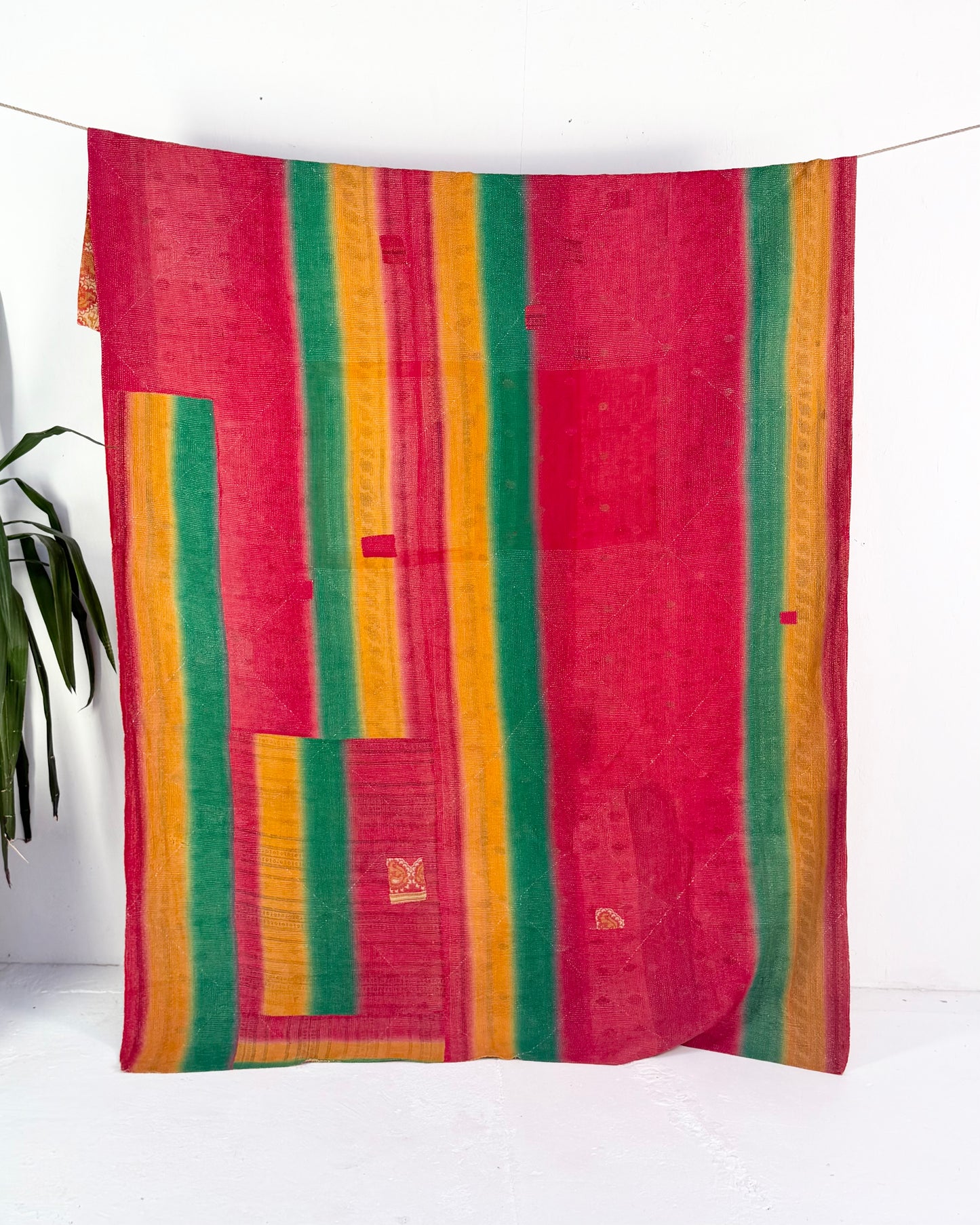 Extra Large Fine Stitched Vintage Kantha Quilt in Beige, Red and Green