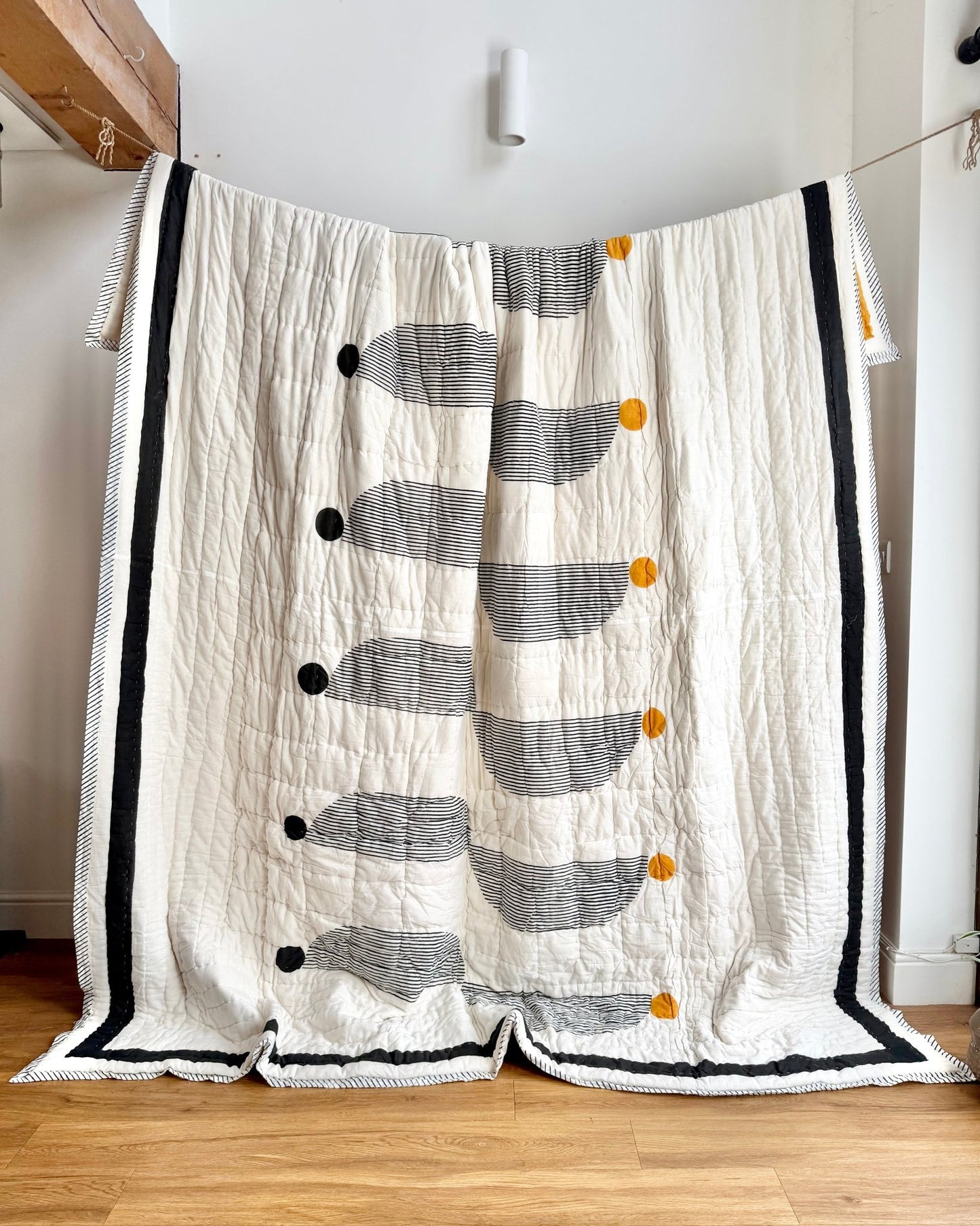 Quilted Kantha In Black, White and Orange With Geometric Squares - SUPER KING - Biggs & Hill