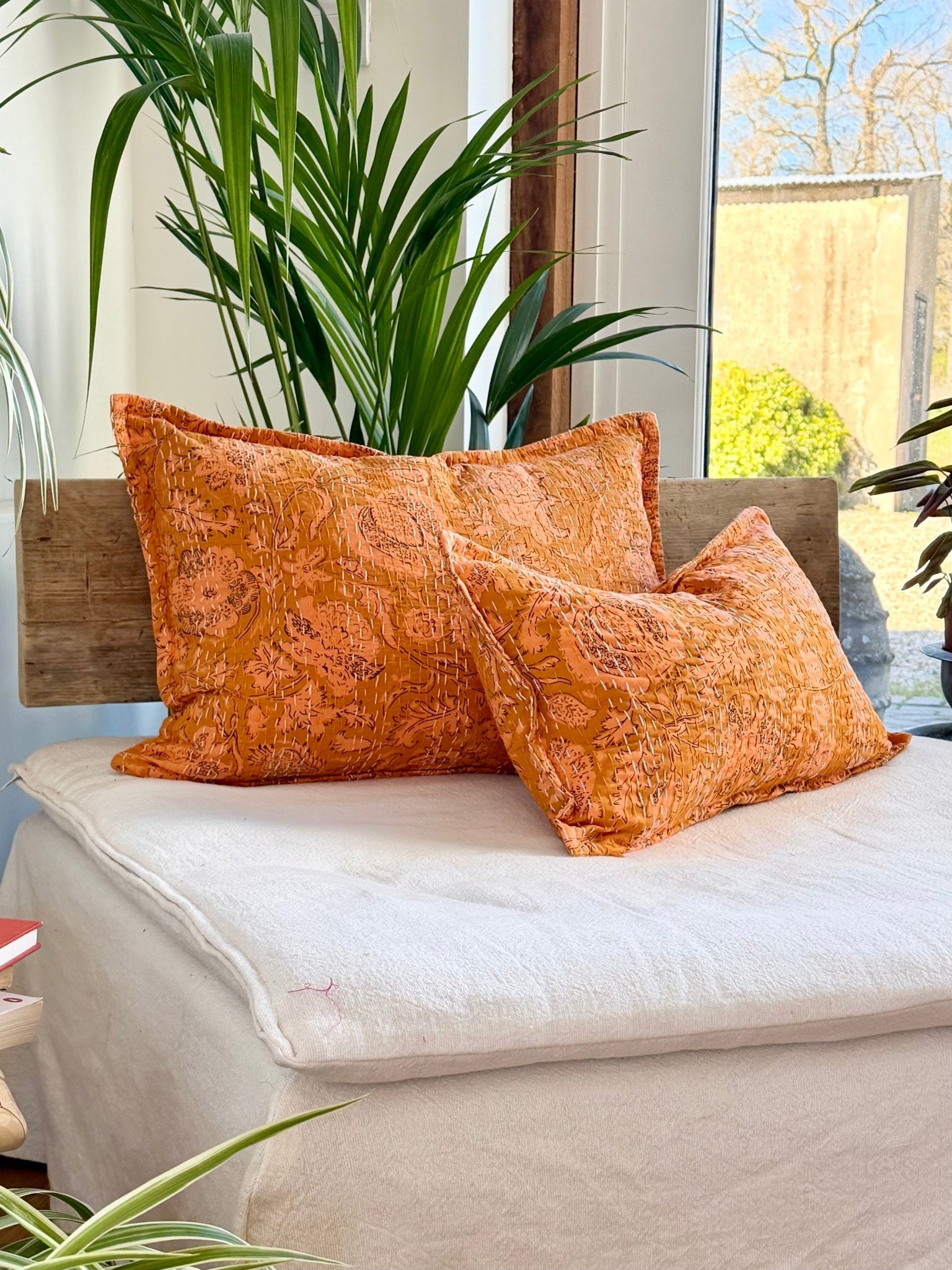 Sunset Orange Floral Block Printed Hand Stitched Rectangular Kantha Cushion - Biggs & Hill