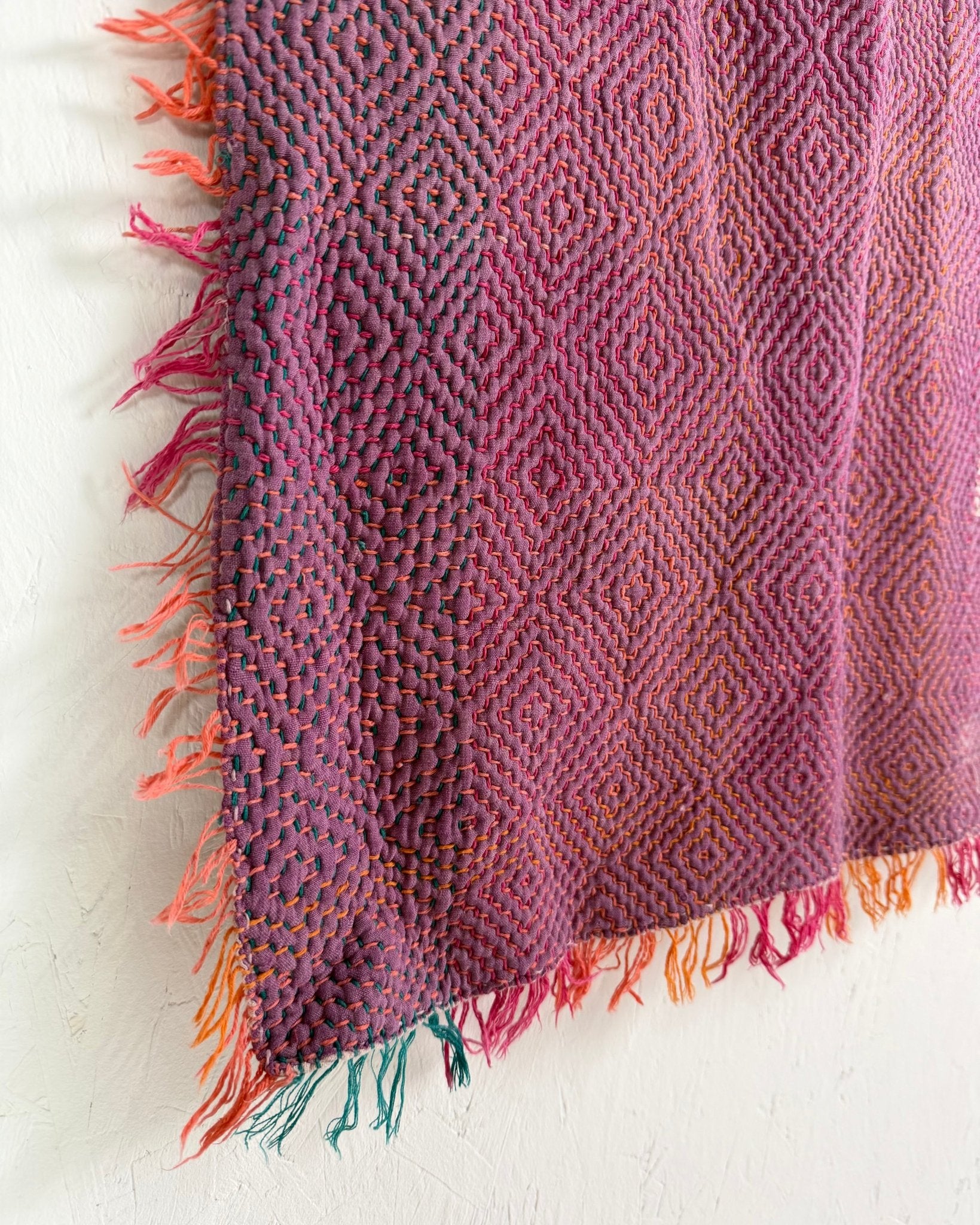 Large Heavy Kantha Blanket Quilt With Lik Phul Stitching In Pink and Orange - Biggs & Hill