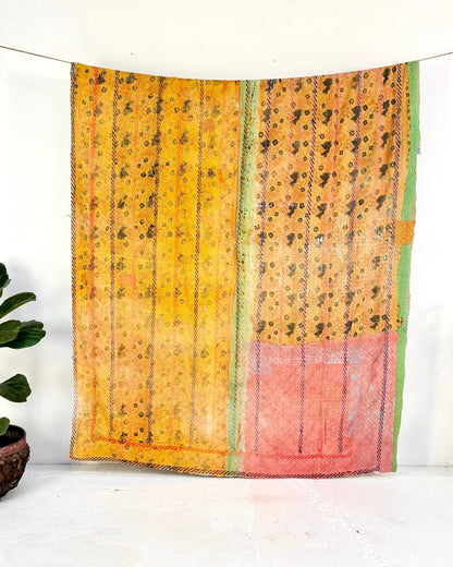 Large Embroidered Vintage Kantha Quilt in Yellow and Light Green - Biggs & Hill