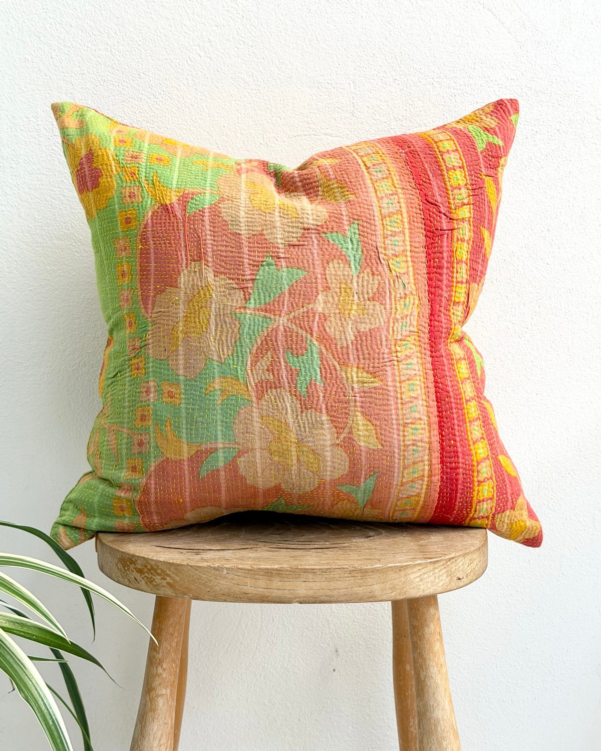 Handmade Reversible Vintage Kantha Cushion Cover In Green and Yellow - 45cm (18") - Biggs & Hill