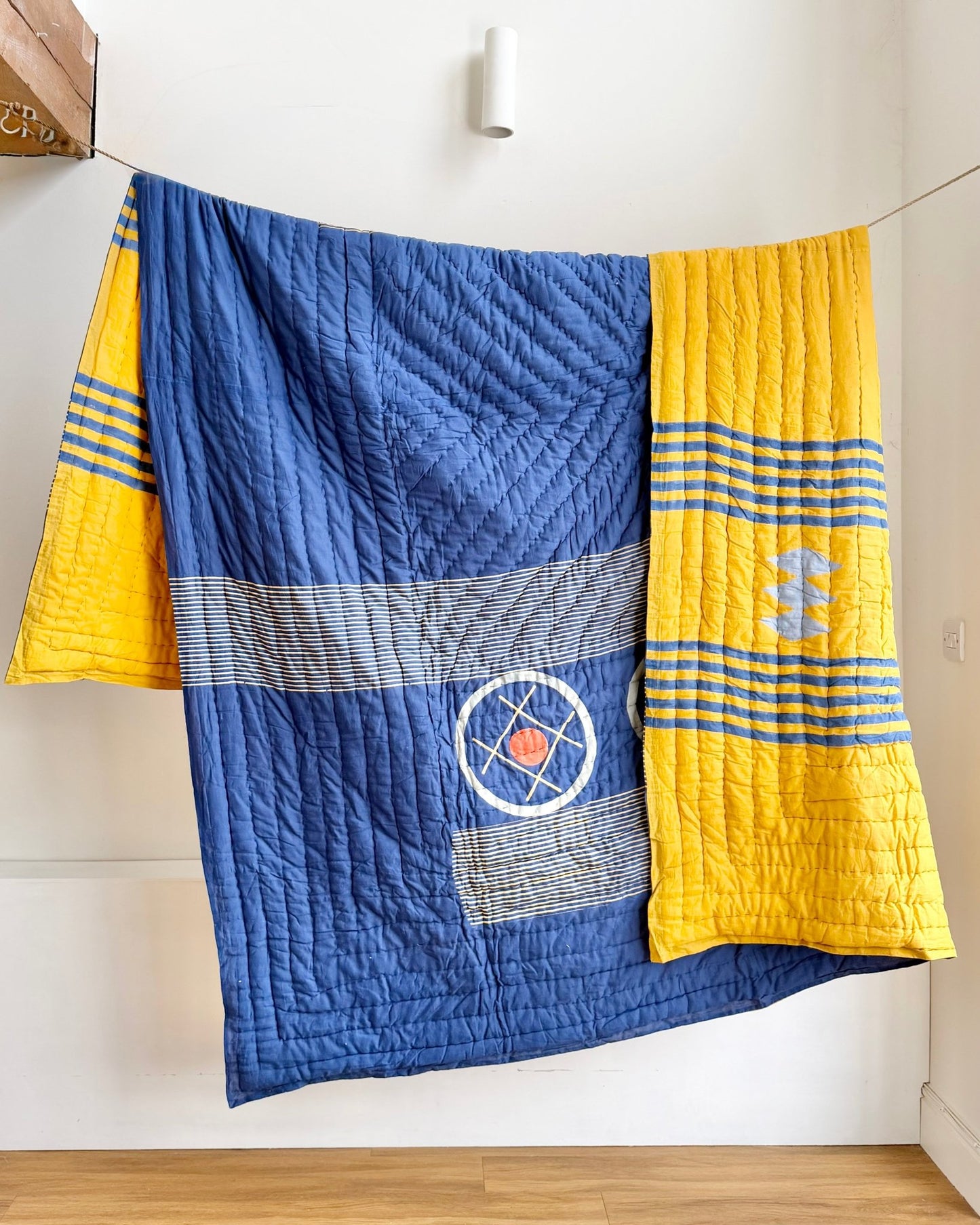 Quilted Kantha In Blue and Yellow With Geometric Patterns - SUPER KING - Biggs & Hill