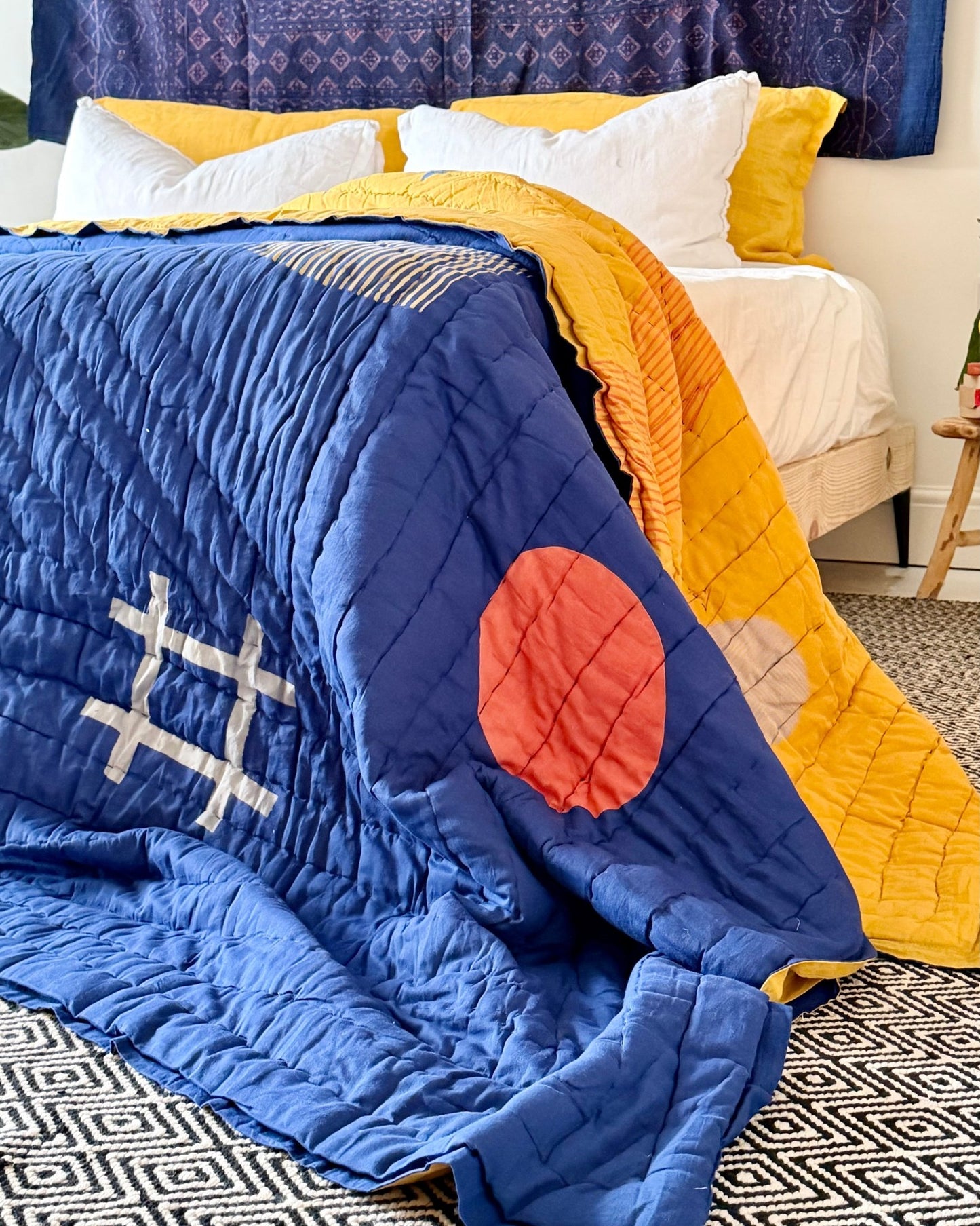 Quilted Kantha In Blue and Yellow With Geometric Patterns - SUPER KING - Biggs & Hill