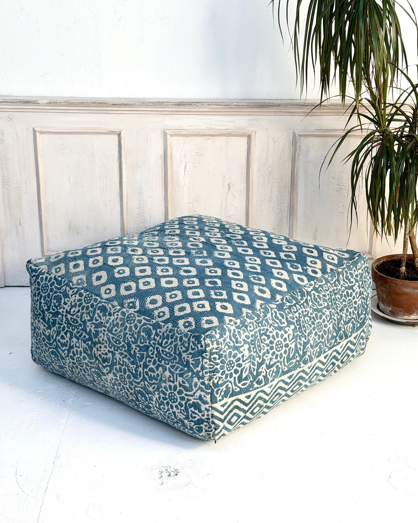 Extra Large Square Kantha Pouf Cushion Cover in Indigo Block Print