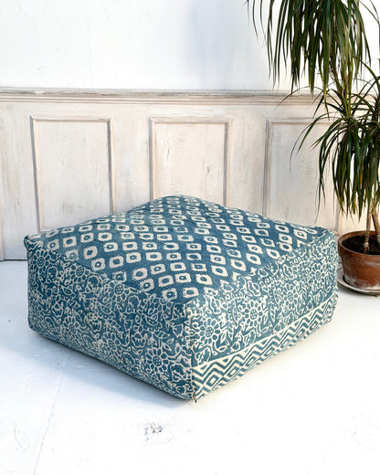 Extra Large Square Kantha Pouf Cushion Cover in Indigo Block Print