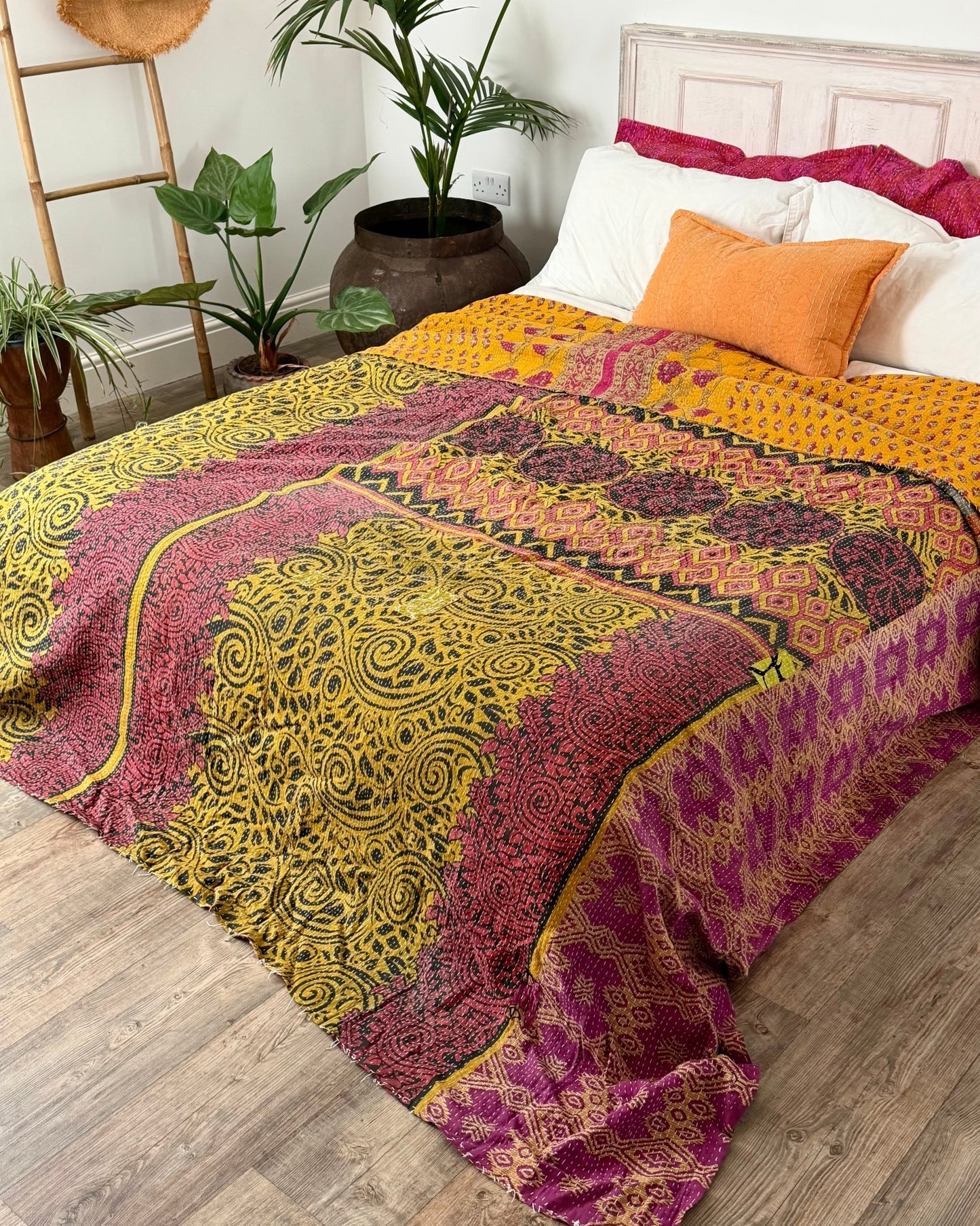 Super King Vintage Kantha Quilt in Green, Purple, Yellow and Red - Biggs & Hill