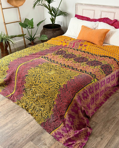 Super King Vintage Kantha Quilt in Green, Purple, Yellow and Red - Biggs & Hill