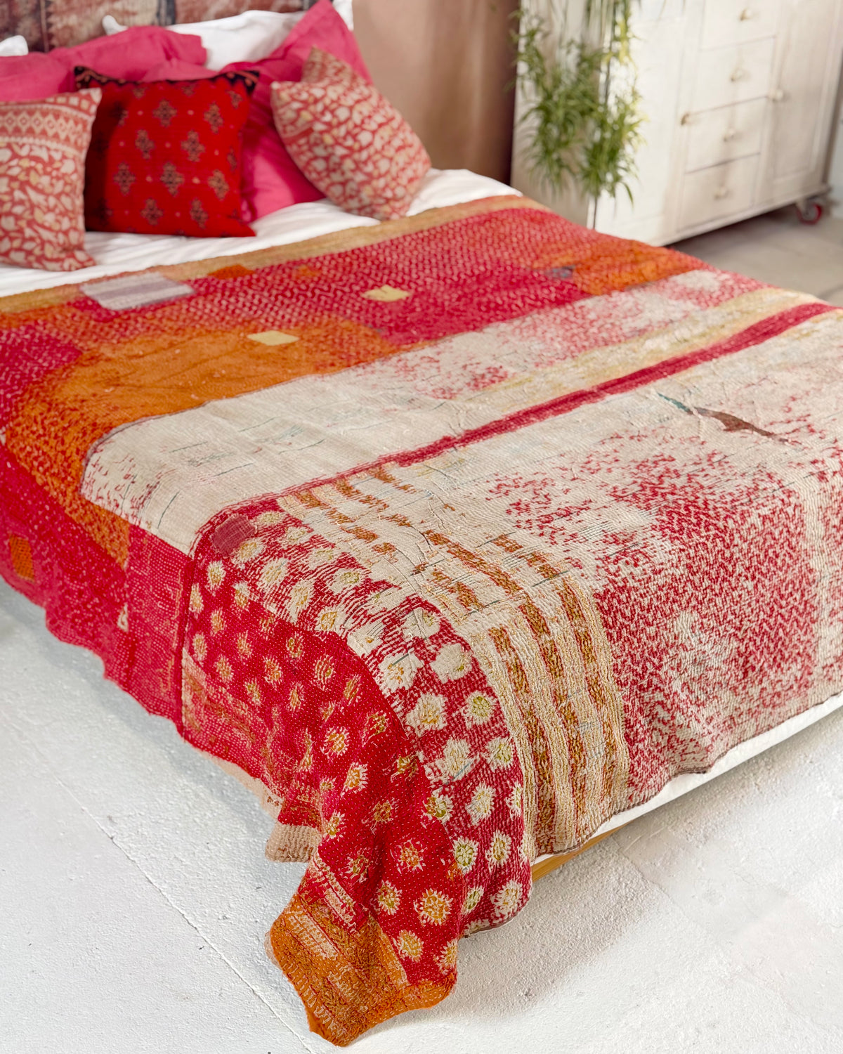 Large Textured Vintage Kantha Quilt in Red and Blue