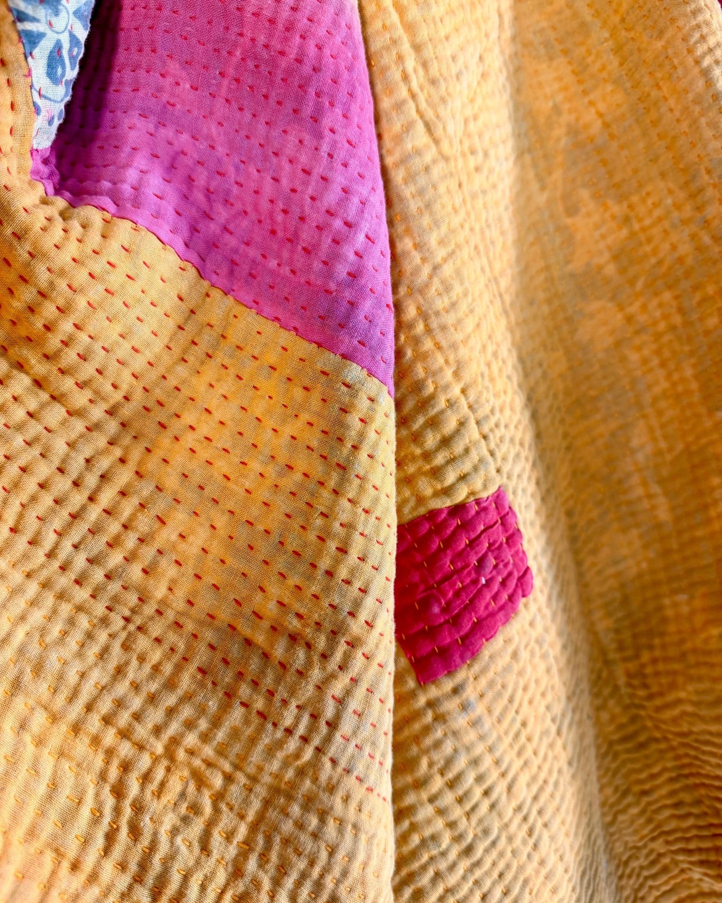 Fine Stitched Vintage Kantha Quilt in Vibrant Pink and Yellow with Dot Pattern - Biggs & Hill