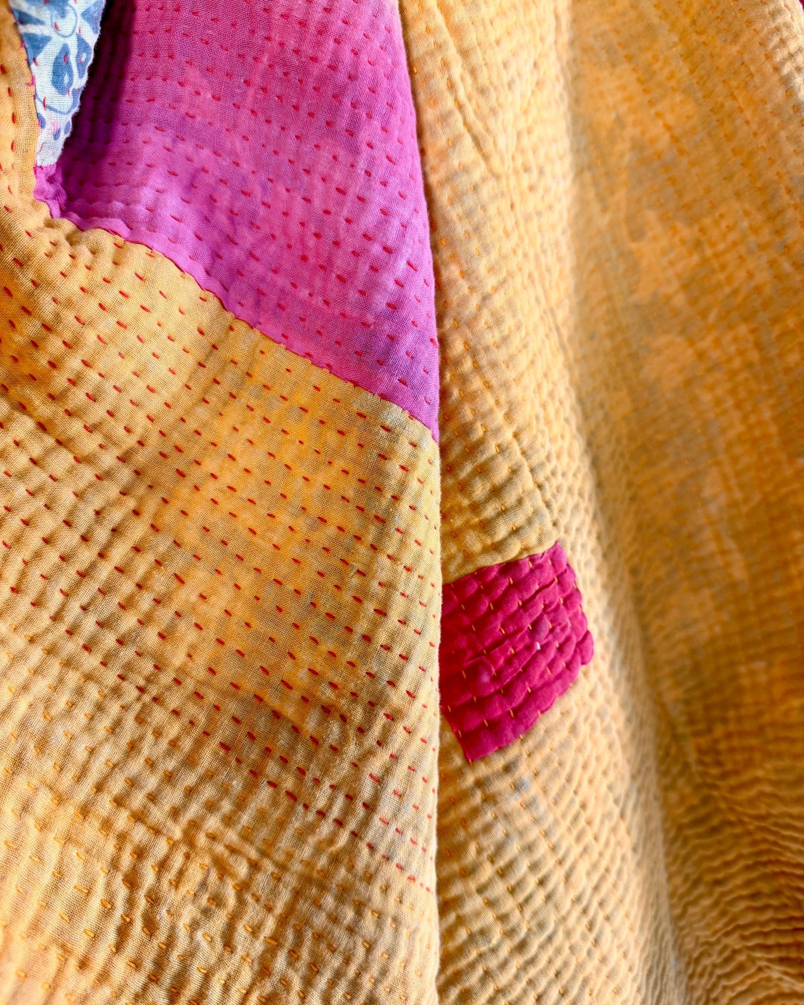 Fine Stitched Vintage Kantha Quilt in Vibrant Pink and Yellow with Dot Pattern - Biggs & Hill