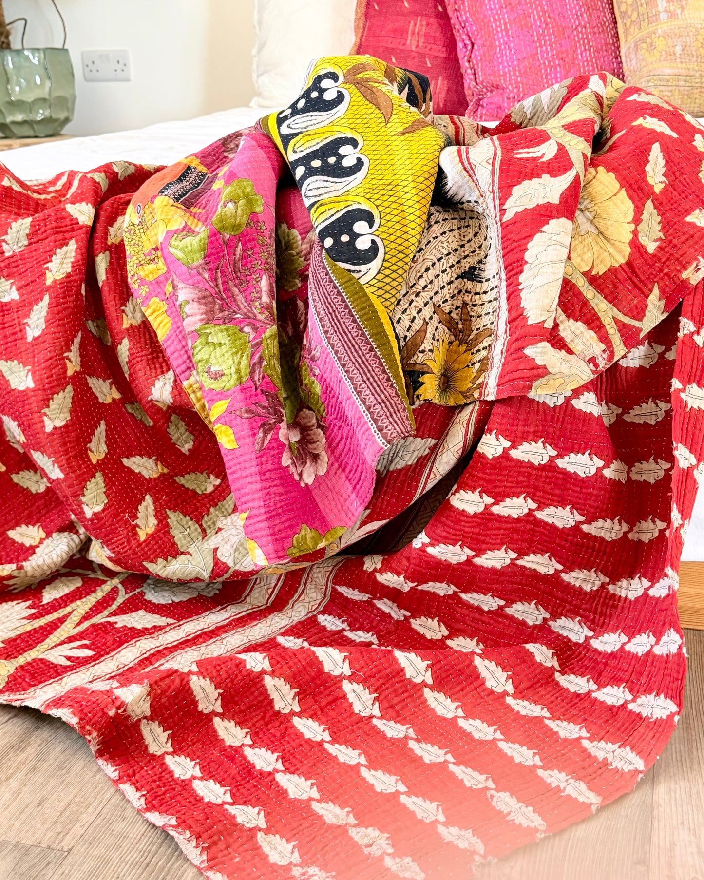 Large Fine Stitched Vintage Kantha Quilt in Pink, Red and Yellow