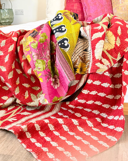 Large Fine Stitched Vintage Kantha Quilt in Pink, Red and Yellow