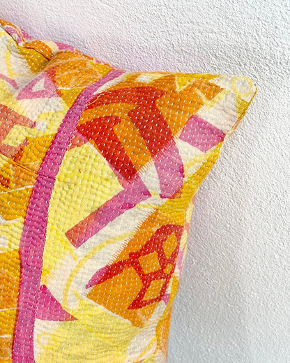 Handmade Reversible Vintage Kantha Cushion Cover In Pink and Yellow - 45cm (18") - Biggs & Hill