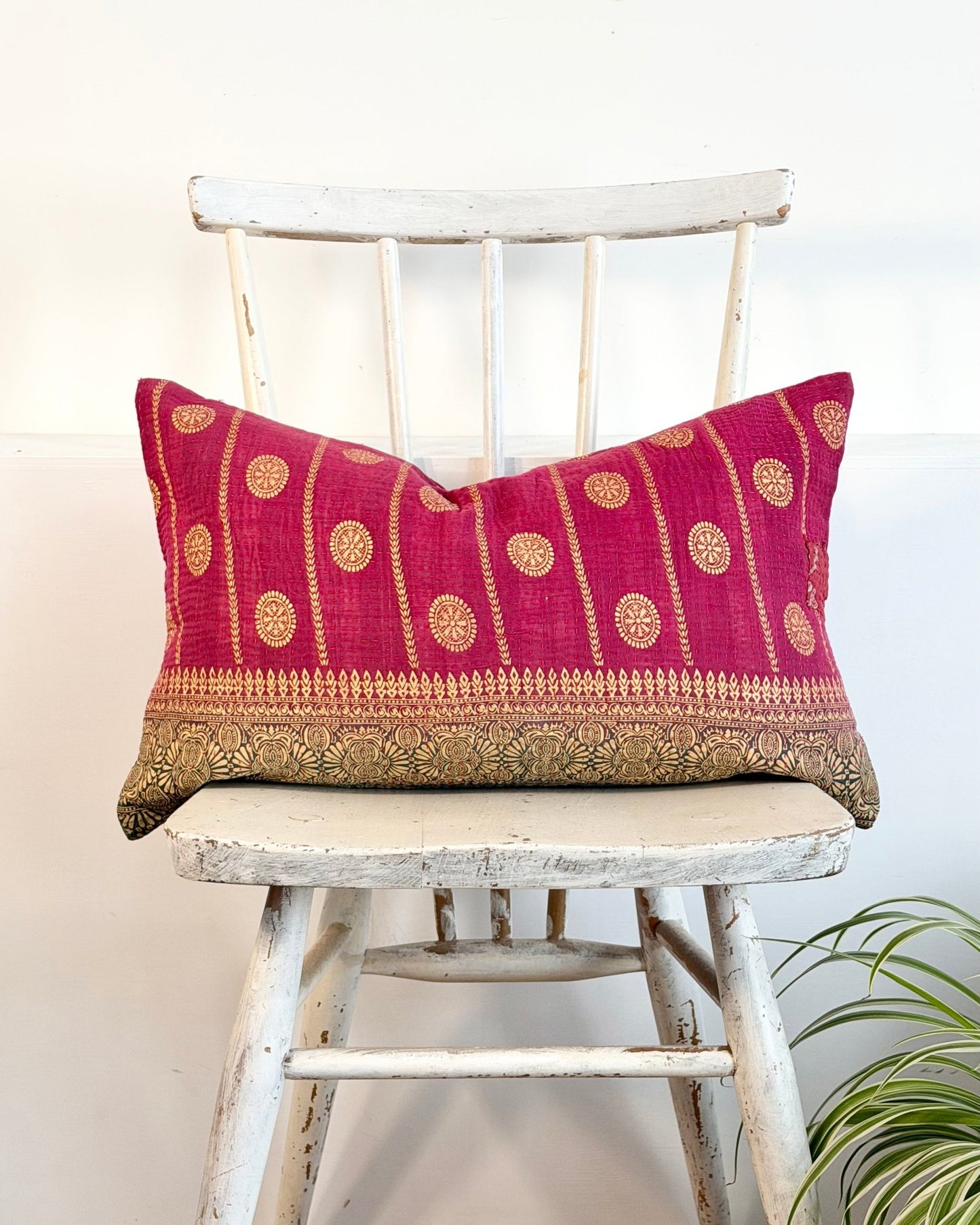 Vintage Kantha Cushion In Burgundy and Gold Dots - Small Rectangular - Biggs & Hill