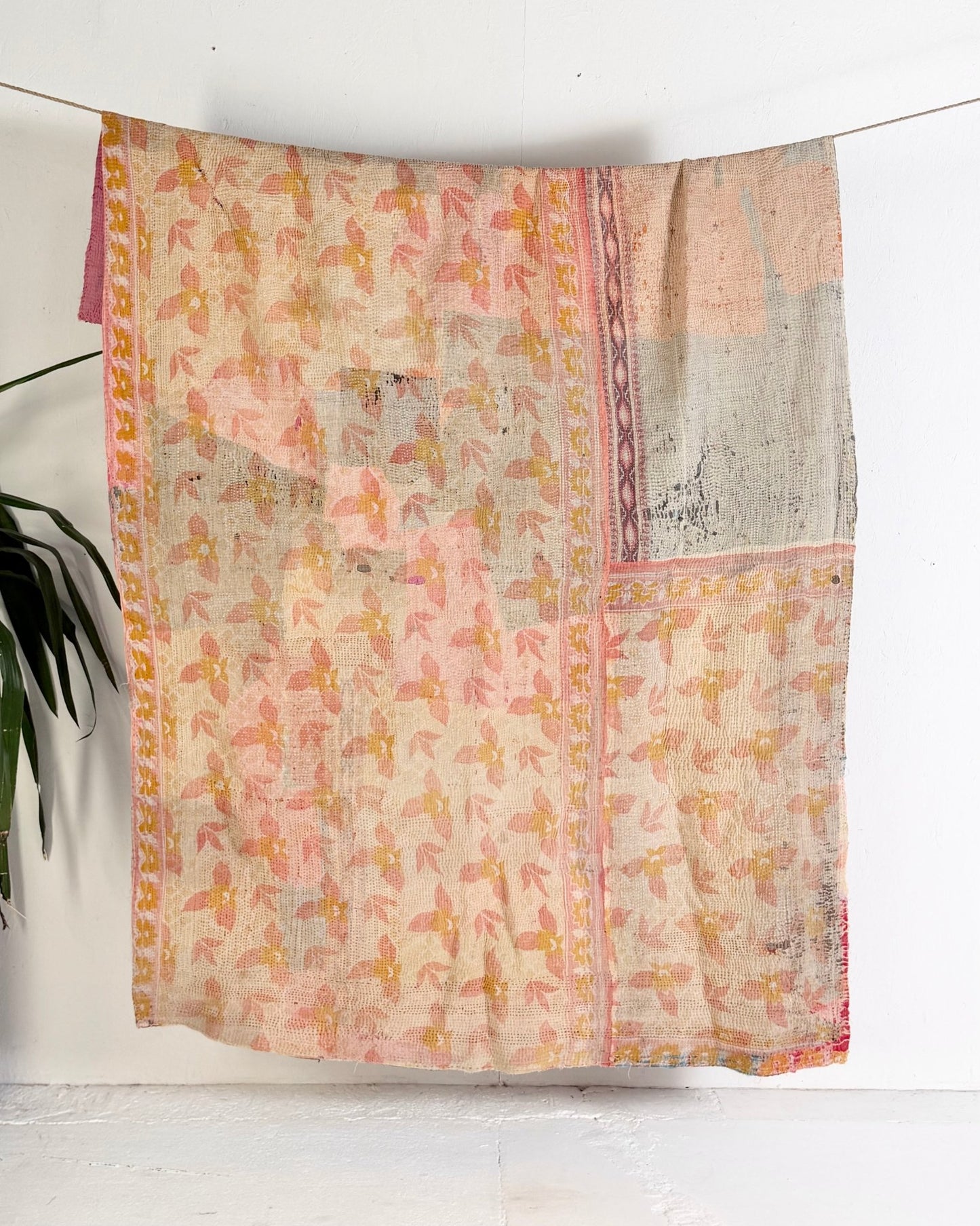 Fine Stitched Vintage Kantha Quilt in Vibrant Pink and Grey Patchwork - Biggs & Hill