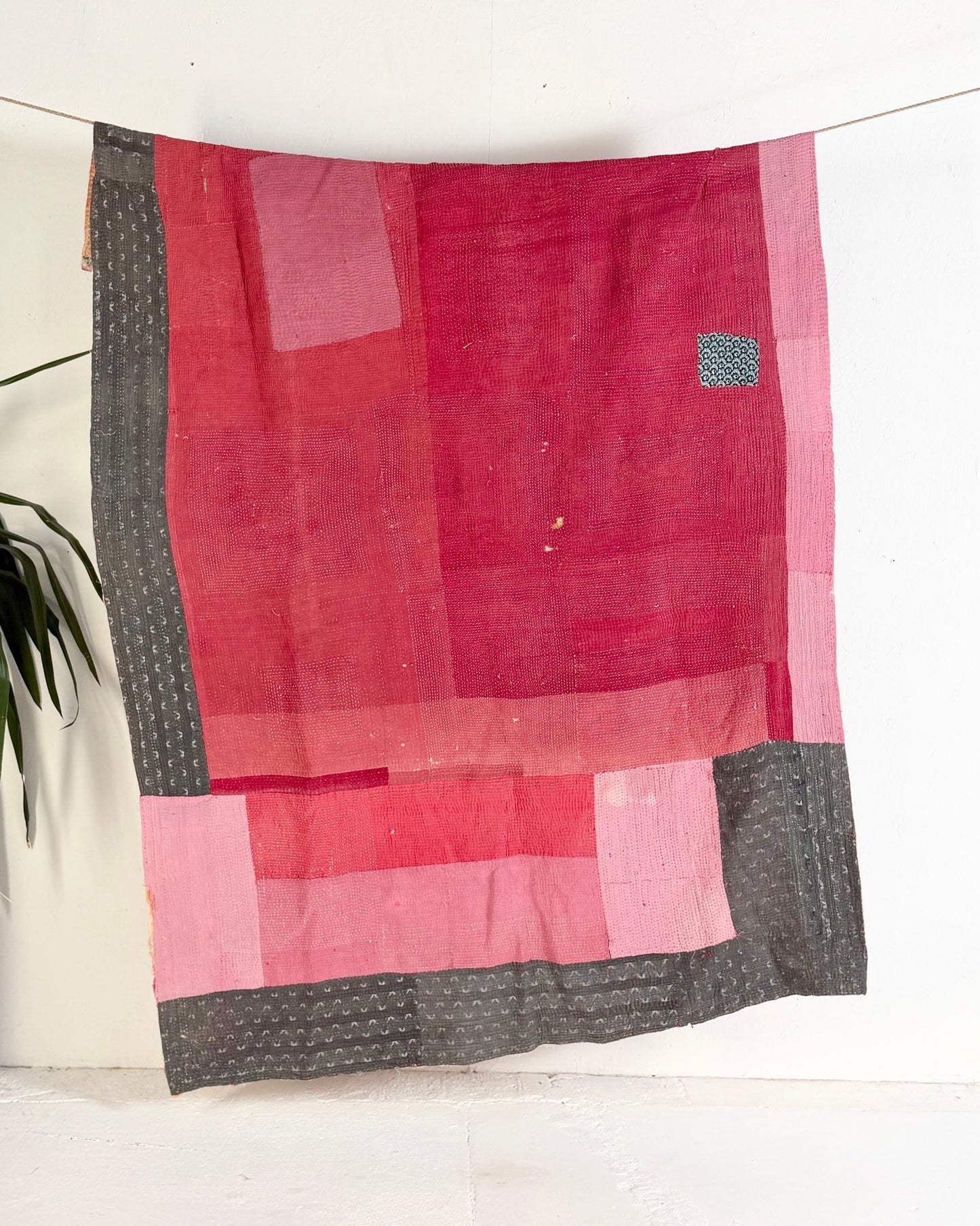 Fine Stitched Vintage Kantha Quilt in Vibrant Pink and Grey Patchwork - Biggs & Hill