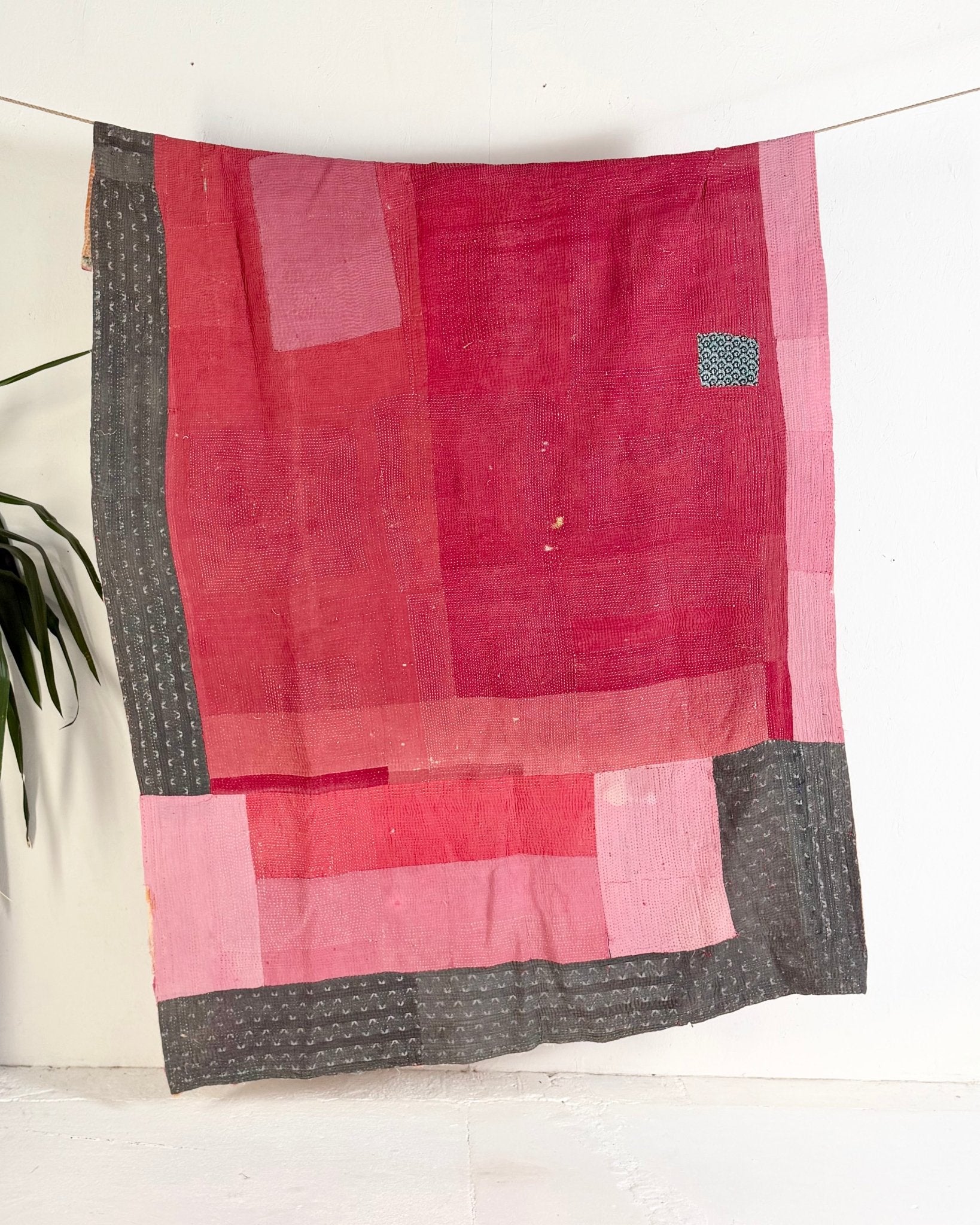 Fine Stitched Vintage Kantha Quilt in Vibrant Pink and Grey Patchwork - Biggs & Hill