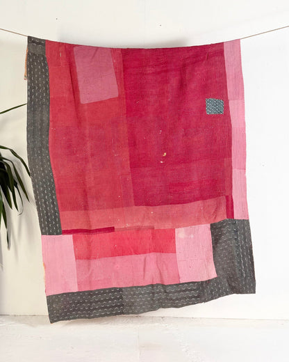 Fine Stitched Vintage Kantha Quilt in Vibrant Pink and Grey Patchwork - Biggs & Hill