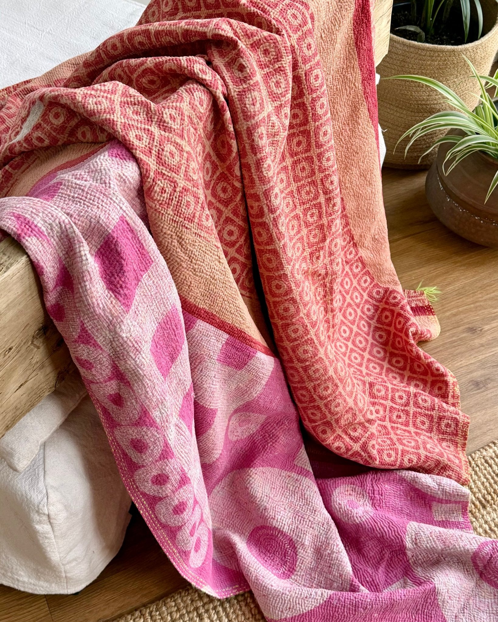 Large Fine Stitched Vintage Kantha Quilt With Pink Squares - Biggs & Hill