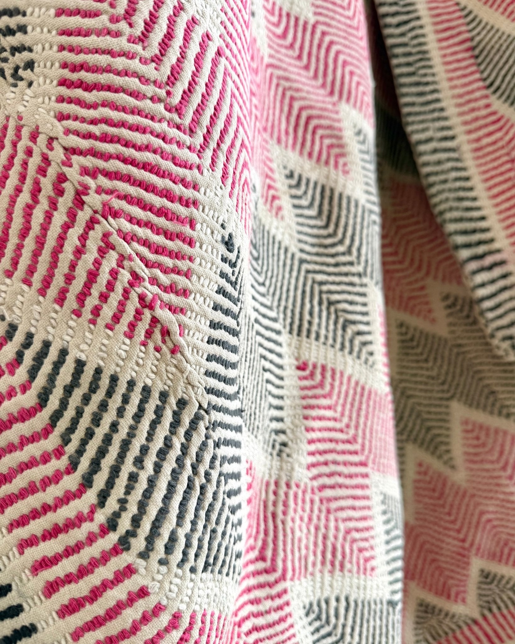 Heavy Vintage Lohori Kantha Quilt in Deep Pink and Black Zig Zags - Biggs & Hill