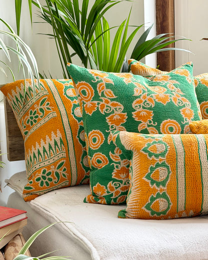 Vintage Kantha Cushion In Green and Orange- 45cm Square