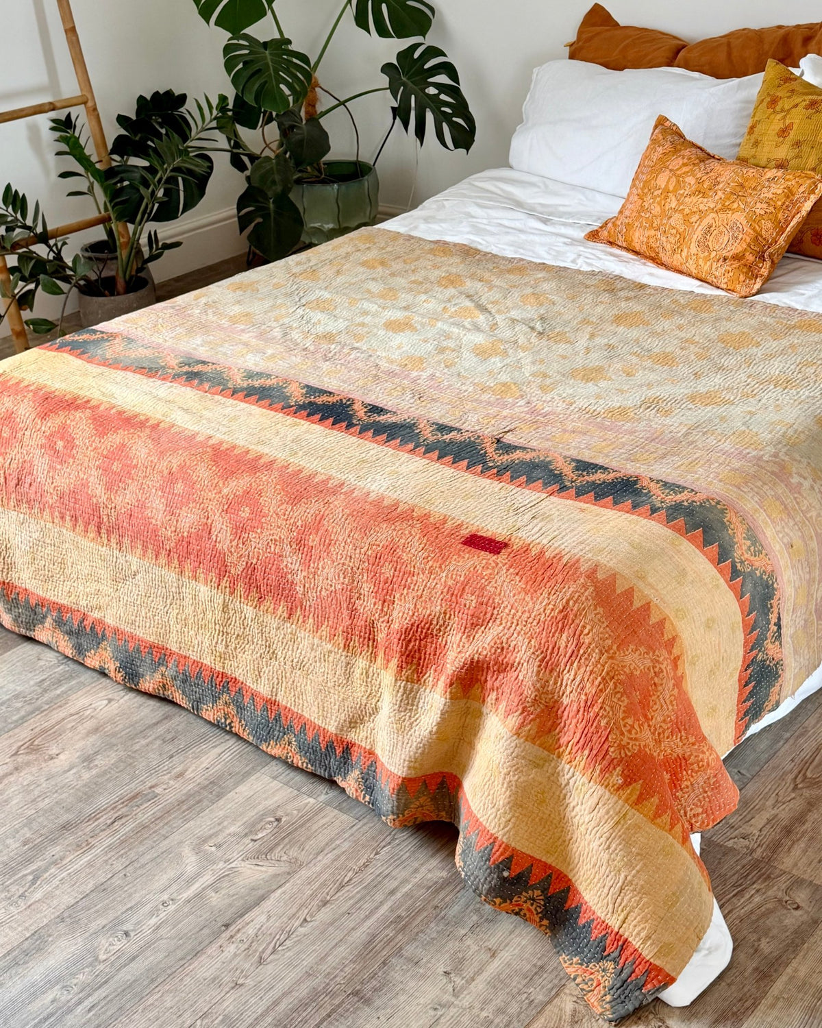 Fine Stitched Vintage Kantha Quilt in Beige and Orange Zig Zags - Biggs & Hill