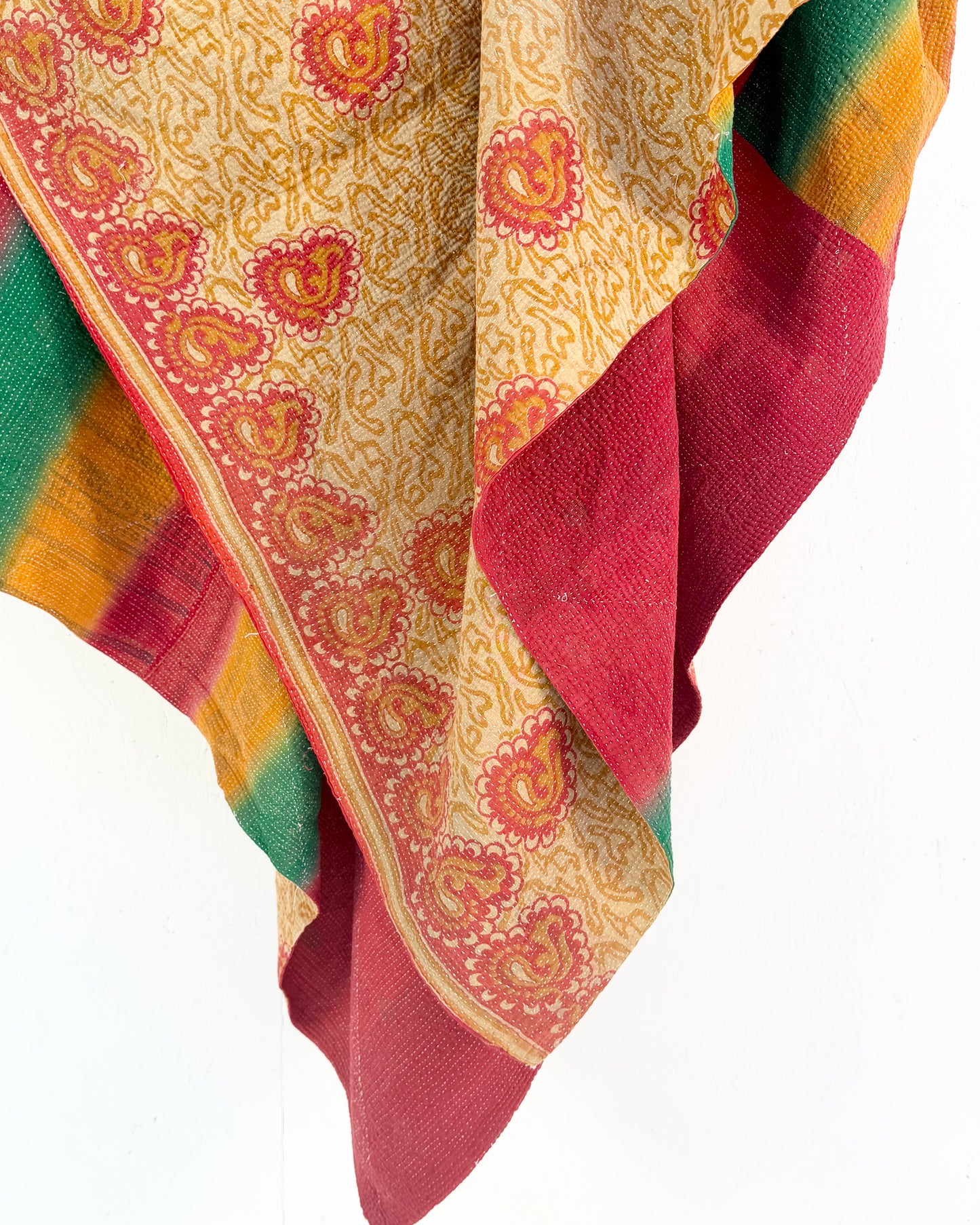 Extra Large Fine Stitched Vintage Kantha Quilt in Beige, Red and Green