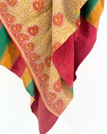 Extra Large Fine Stitched Vintage Kantha Quilt in Beige, Red and Green