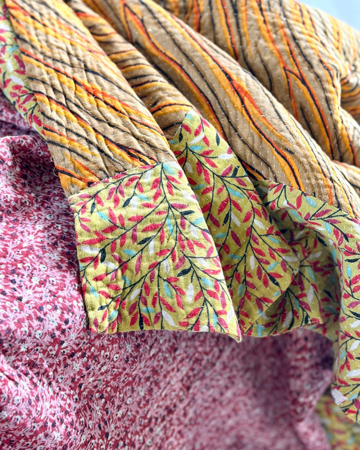 Fine Stitched Vintage Kantha Quilt in Pink, Yellow and Mustard - Biggs & Hill