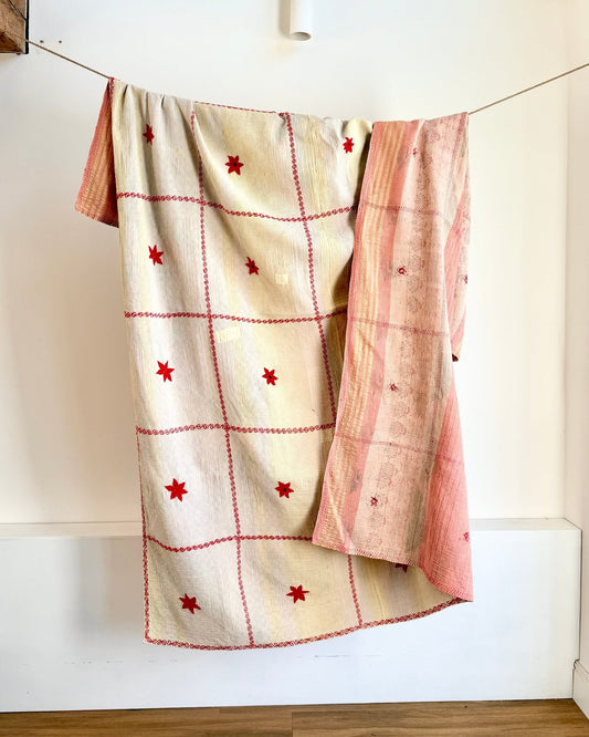 Star Embroidered Vintage Kantha Quilt in Off-White and Pink