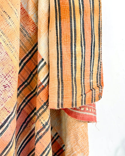 Extra Large Fine Stitched Vintage Kantha Quilt in Peachy Orange and Red - Biggs & Hill
