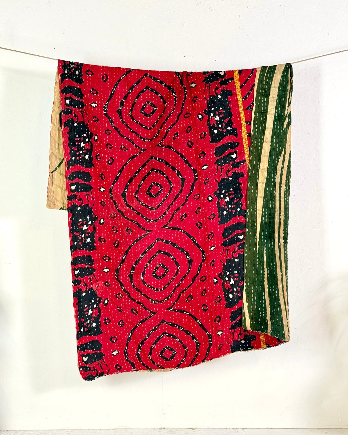 Vintage Cotton Kantha Quilt In Olive Green and Red 08 - Biggs & Hill