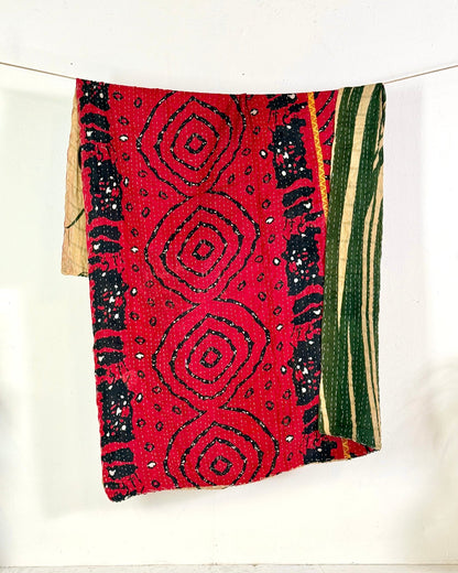 Vintage Cotton Kantha Quilt In Olive Green and Red 08 - Biggs & Hill