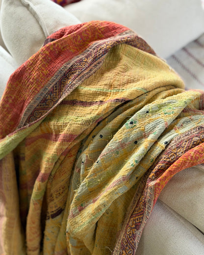 Large Textured Vintage Kantha Quilt In Soft Yellow and Orange