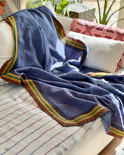 Indigo Print Kantha Quilt With Border