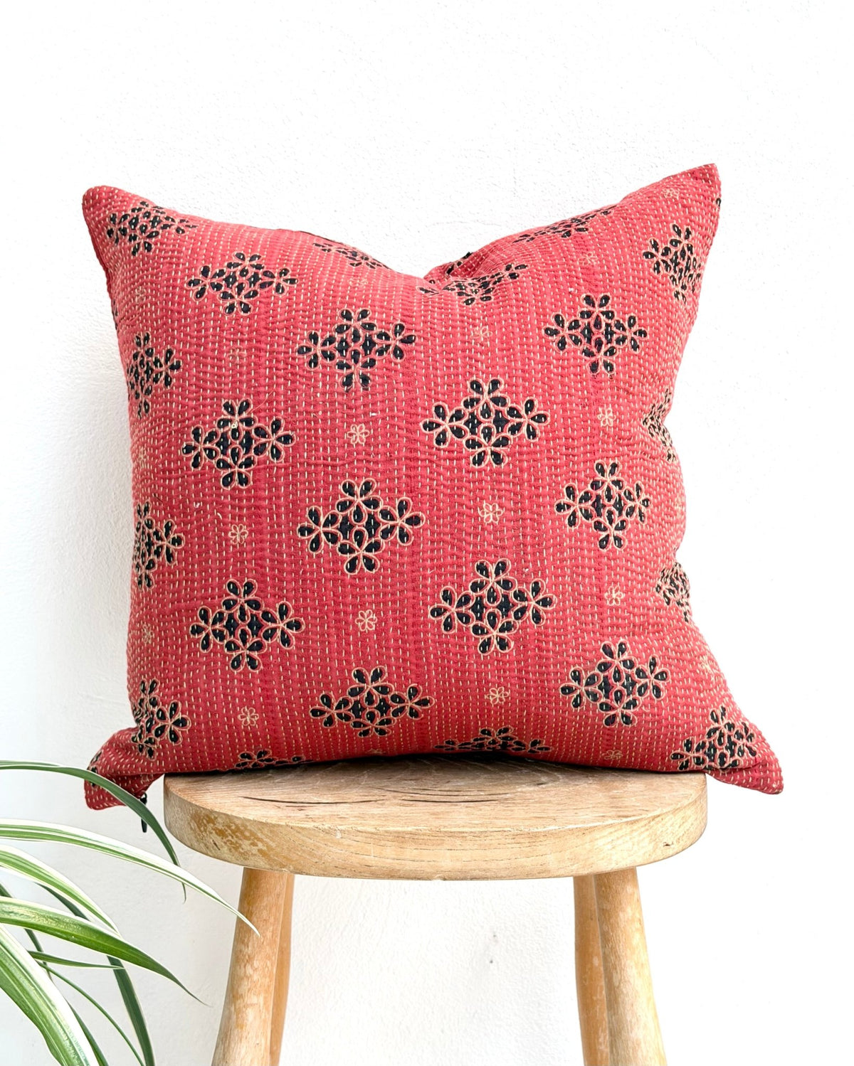 Handmade Reversible Vintage Kantha Cushion Cover In Red and Black - 45cm (18") - Biggs & Hill
