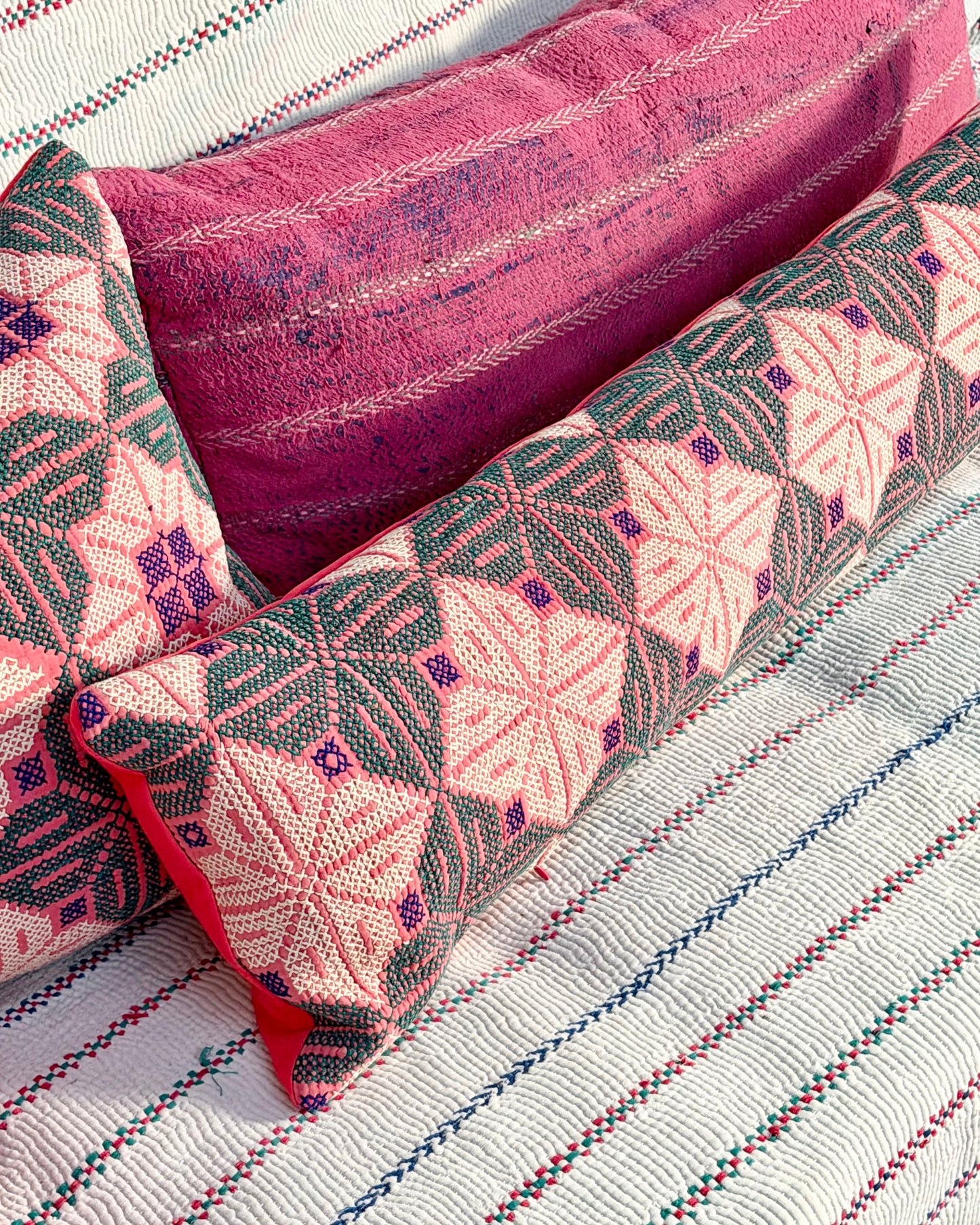 Vintage Kantha Bolster Cushion Cover With Galichi Kantha Stitching - 100cm