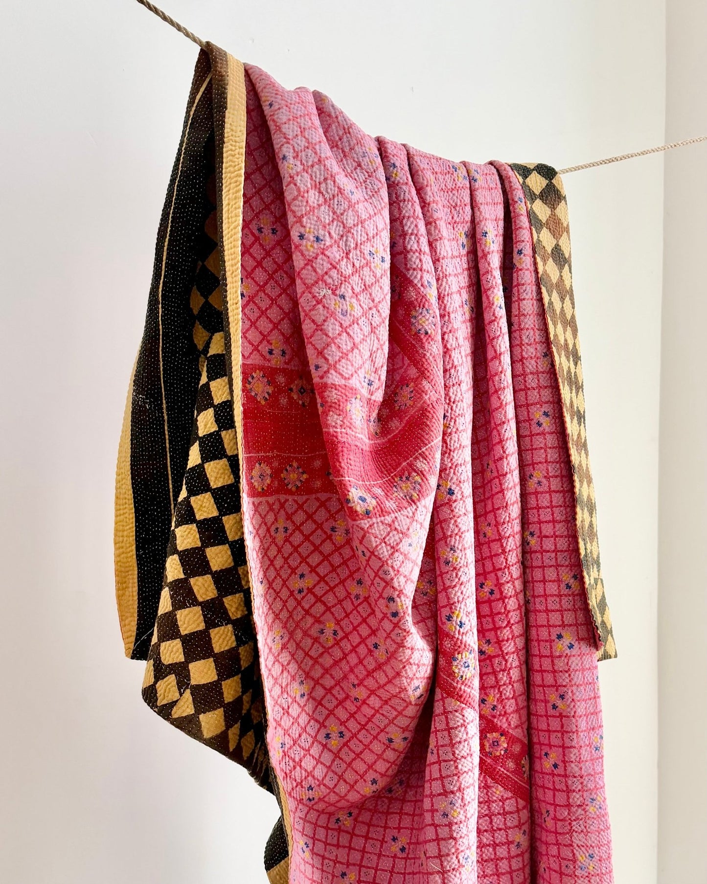Large Fine Stitched Vintage Kantha Quilt in Chequered Yellow and Black and Pink - Biggs & Hill