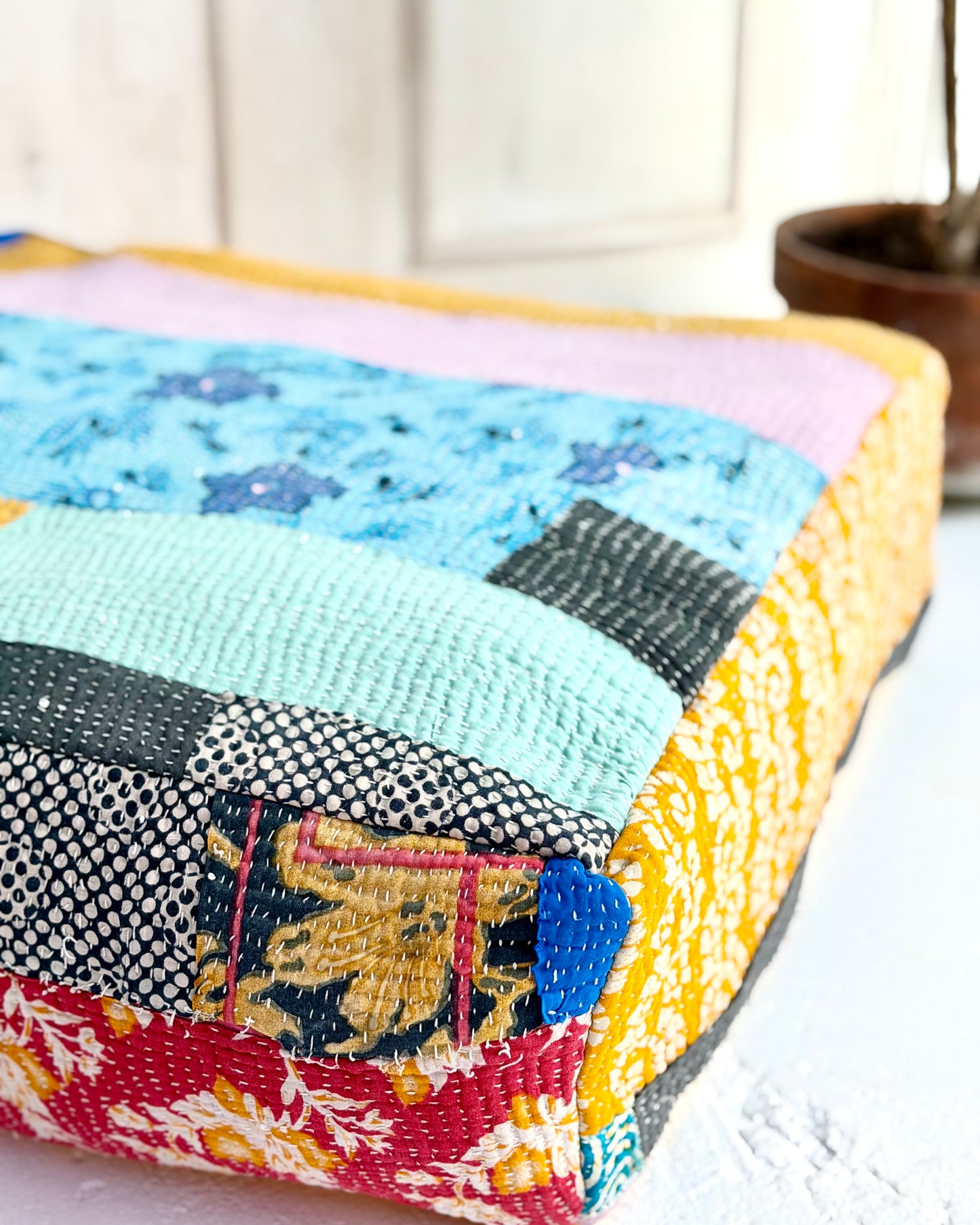 Large Square Kantha Floor Cushion Cover In Blue and Yellow