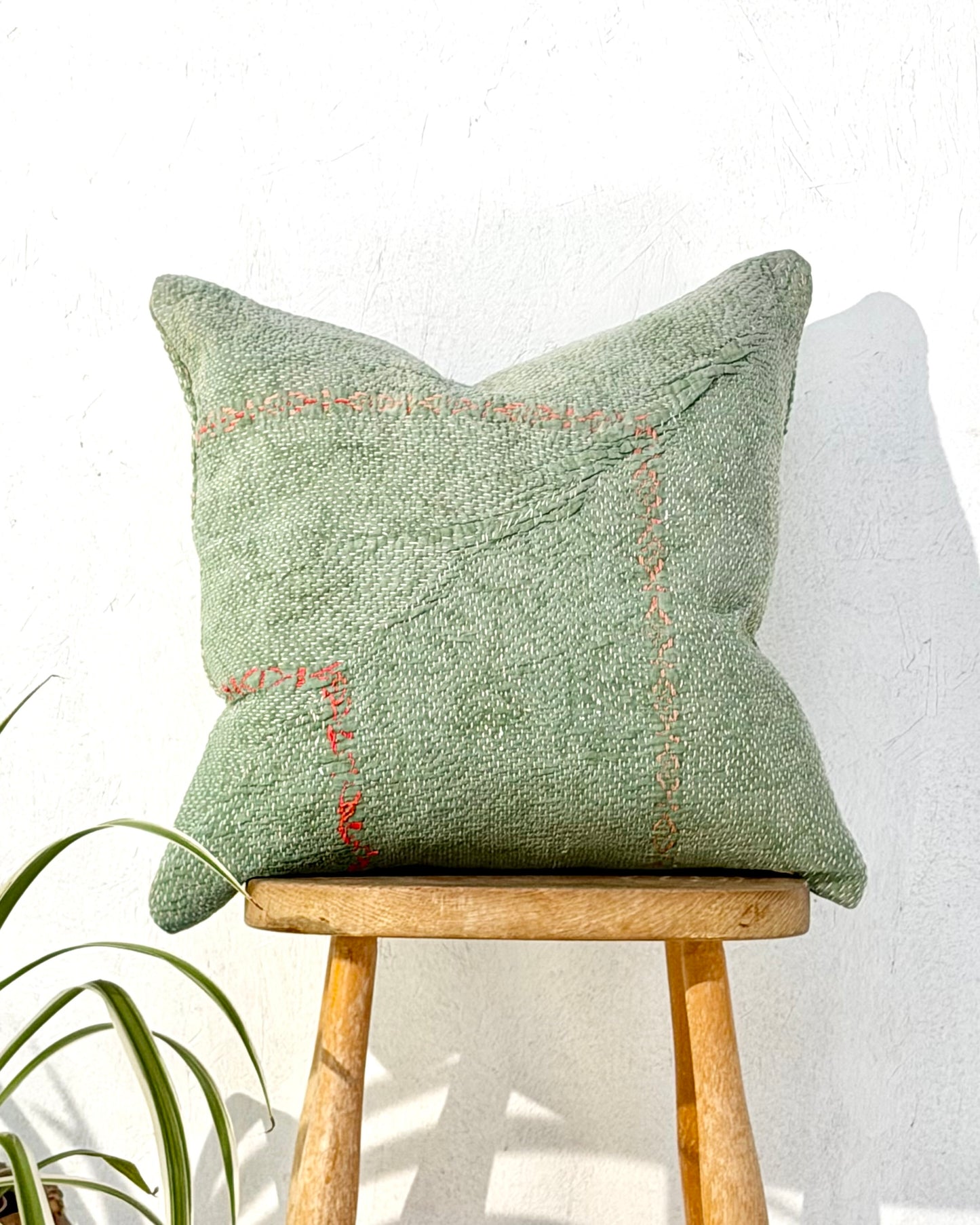 Vintage Kantha Cushion Cover In Soft Green With Orange Embroidery - 45cm Square