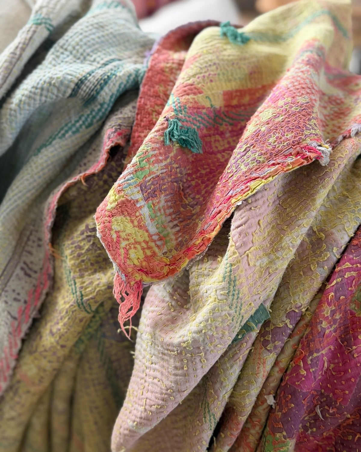 Large Textured Vintage Kantha Quilt In Soft Yellow, Green, Pink and Blue - Biggs & Hill