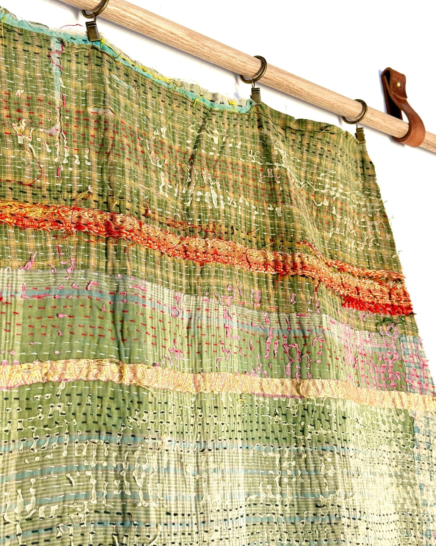 Textured Vintage Kantha Quilt In Green and Gold - Biggs & Hill