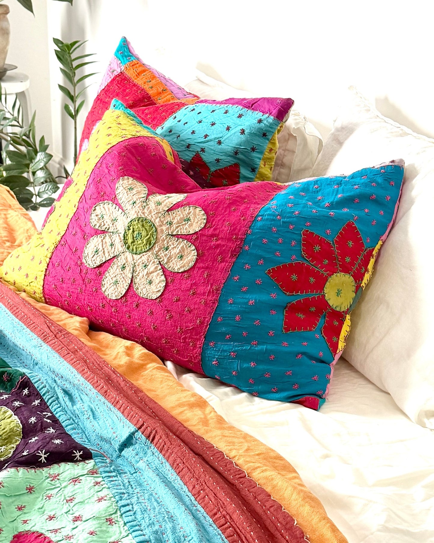 Reversible Hand Stitched Patchwork Pillow Cover 02 - Biggs & Hill