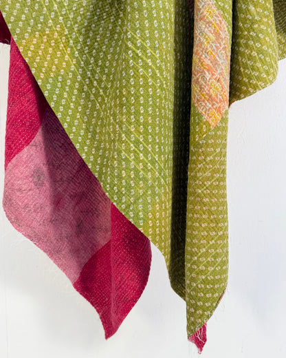 Extra Large Fine Stitched Vintage Kantha Quilt in Pink Stripes and Green