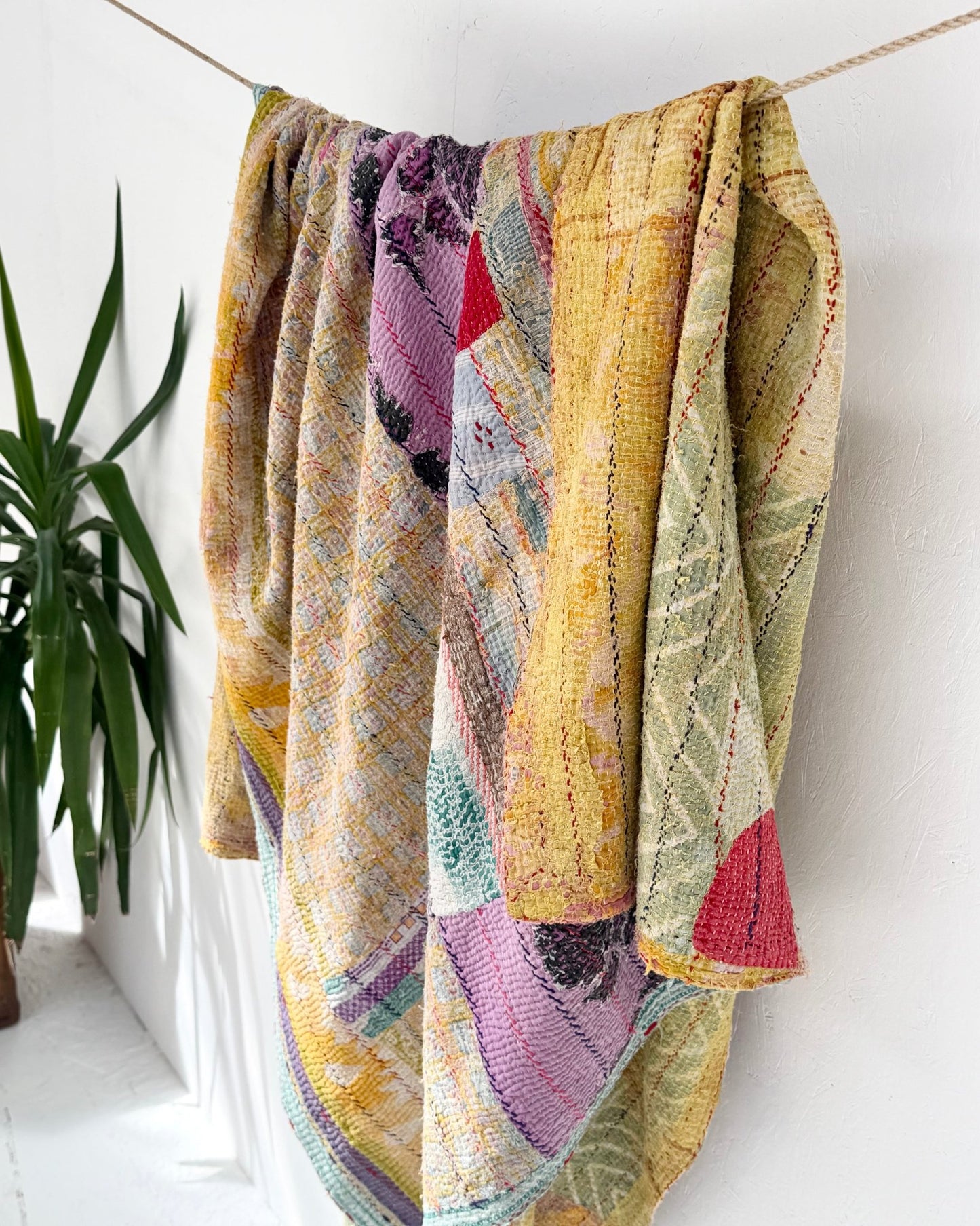 Large Textured Vintage Kantha Quilt In Abstract Pink, Purple and Yellow - Biggs & Hill