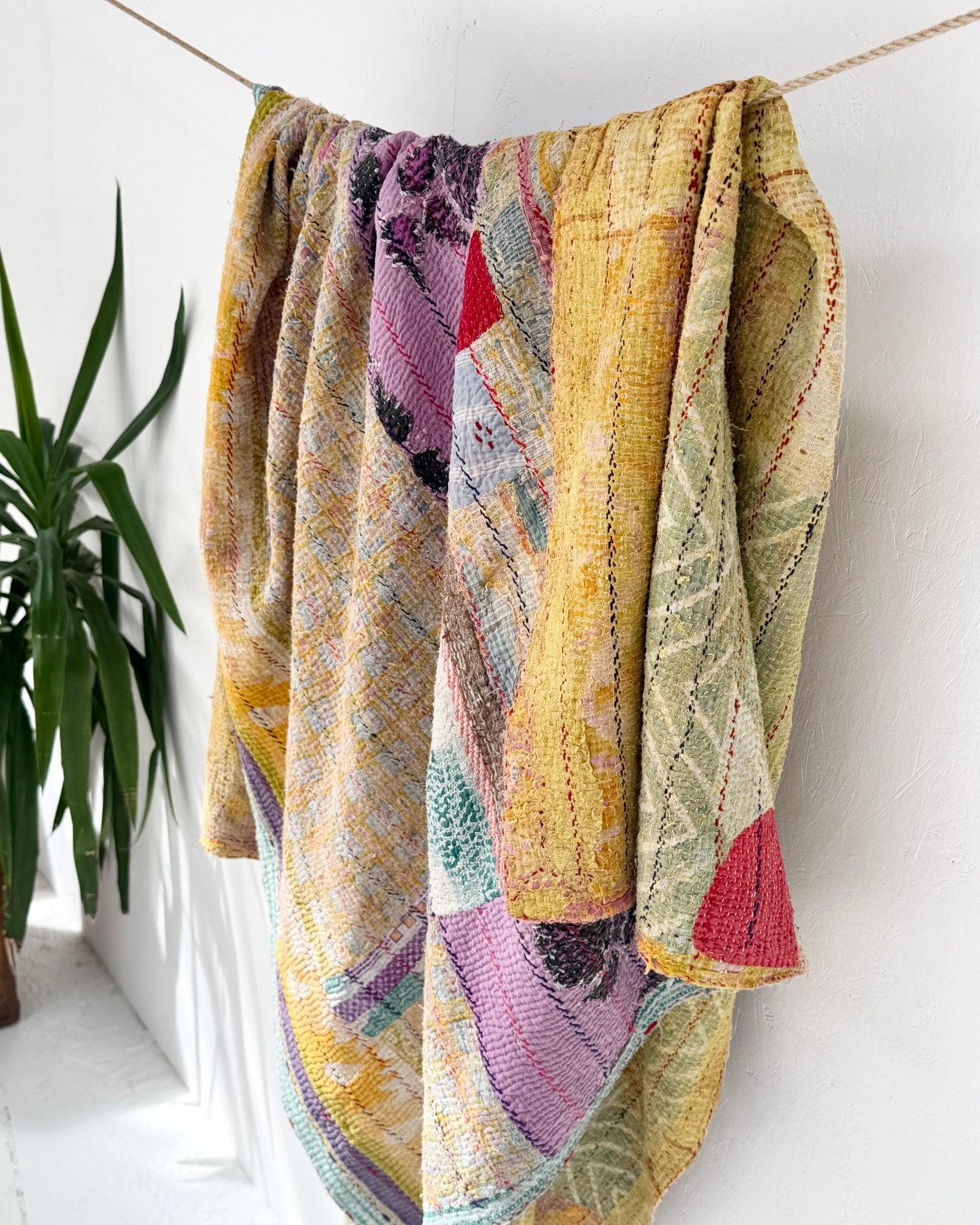 Large Textured Vintage Kantha Quilt In Abstract Pink, Purple and Yellow - Biggs & Hill